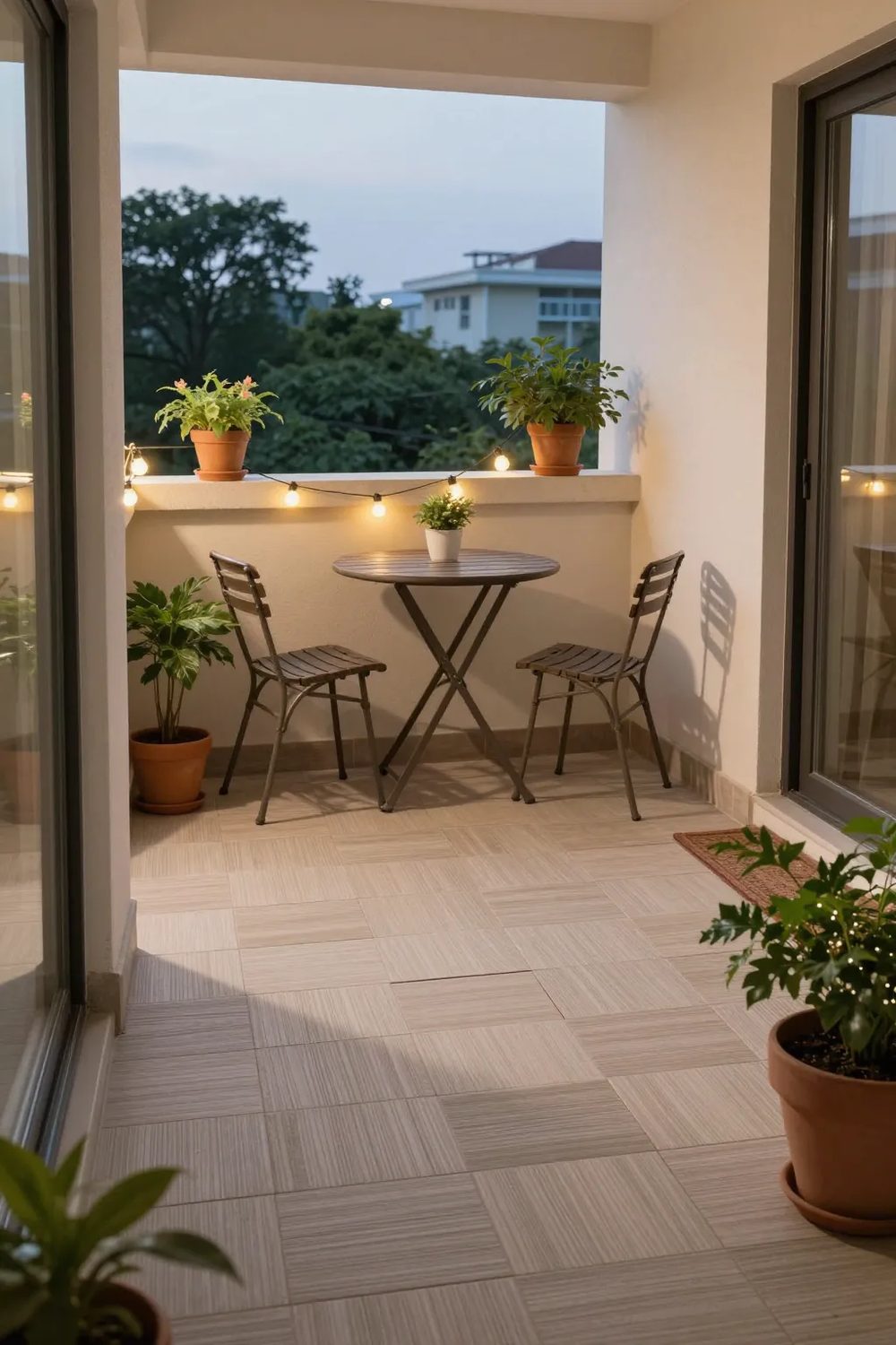 Small apartment balcony with wood deck tiles, a bistro table and chairs, potted plants and string lights at dusk