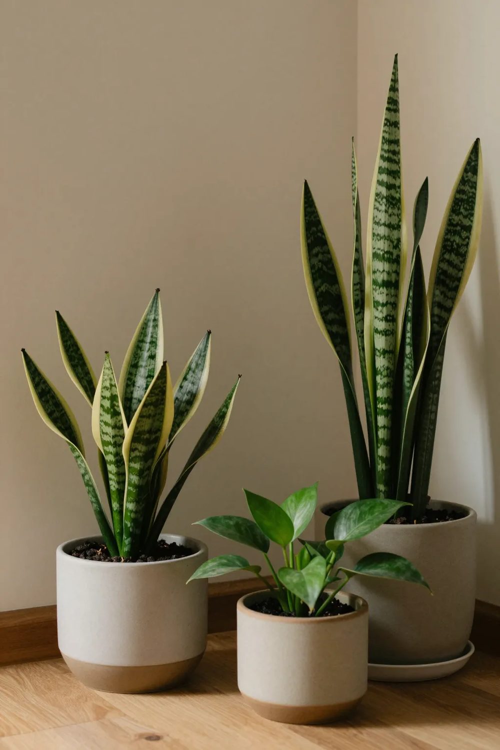 Apartment corner with a ZZ plant, snake plant and pothos in ceramic pots in soft indirect light