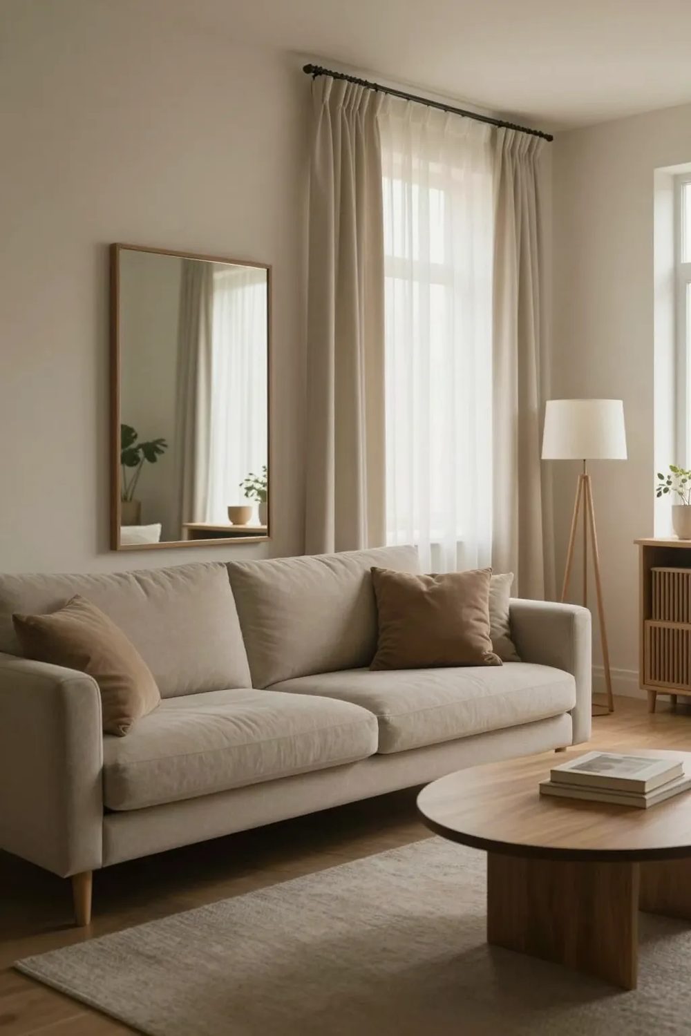 Bright small living room with a leggy sofa, round coffee table, large mirror and light curtains hung close to the ceiling