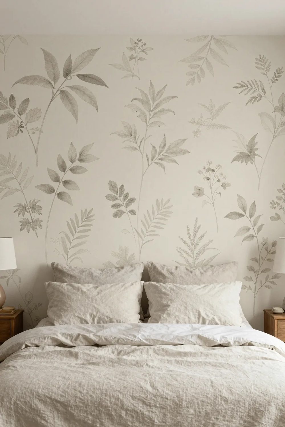 Bedroom accent wall covered in green botanical removable wallpaper behind a bed with linen bedding
