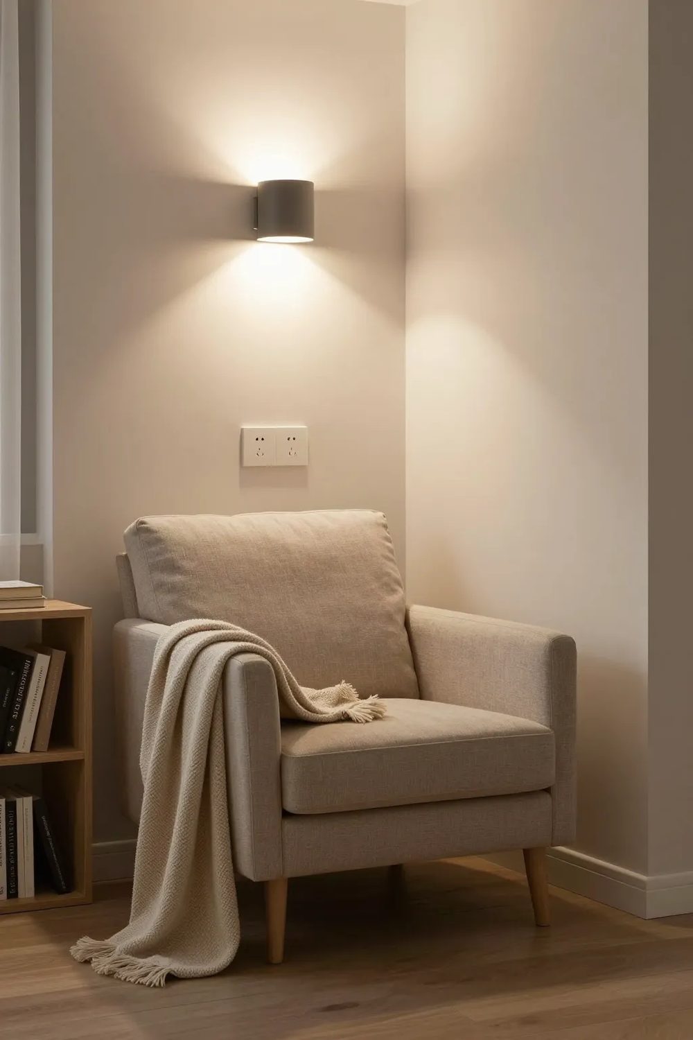 Cozy reading corner with an upholstered armchair, a warm wall sconce, a small bookshelf and a knit throw