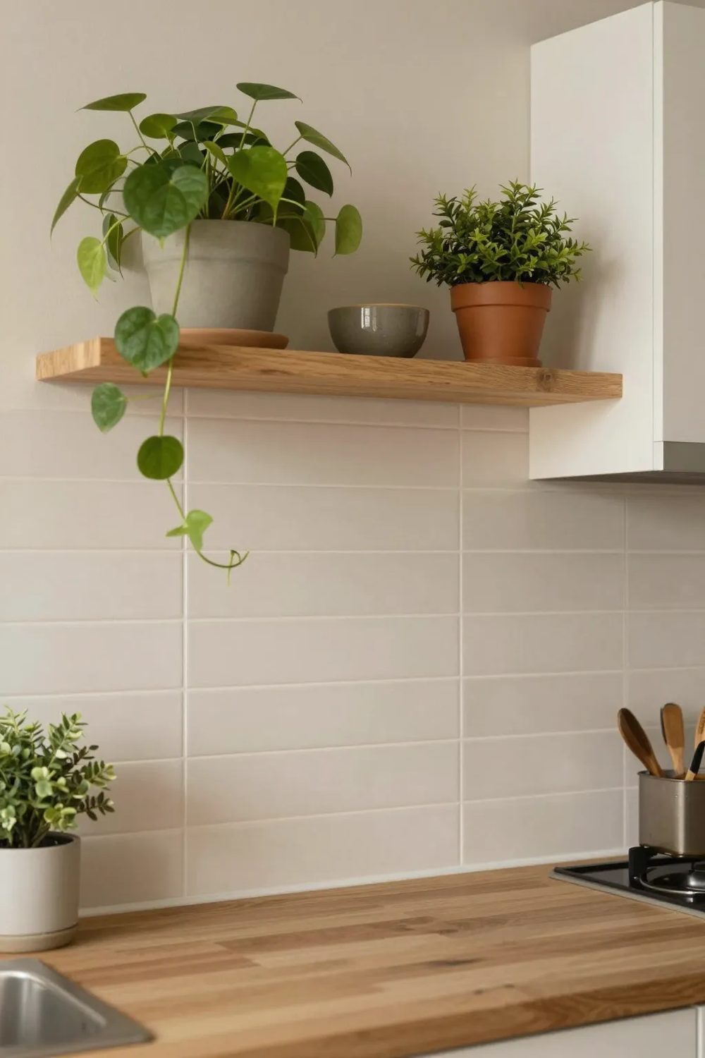 Small rental kitchen with white tile backsplash, a floating wood shelf holding potted plants, and a warm wood countertop