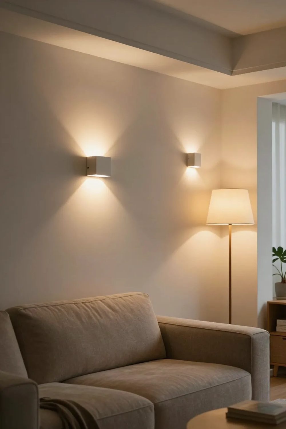 Apartment living room glowing in the evening with plug-in wall sconces, a floor lamp and warm light