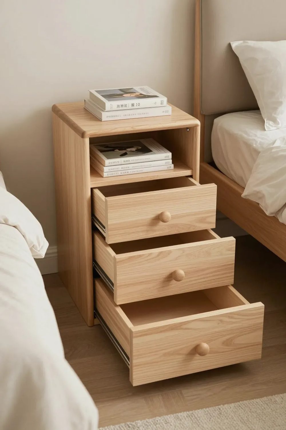 Minimalist small bedroom with a storage bed with drawers underneath and a tidy wooden nightstand