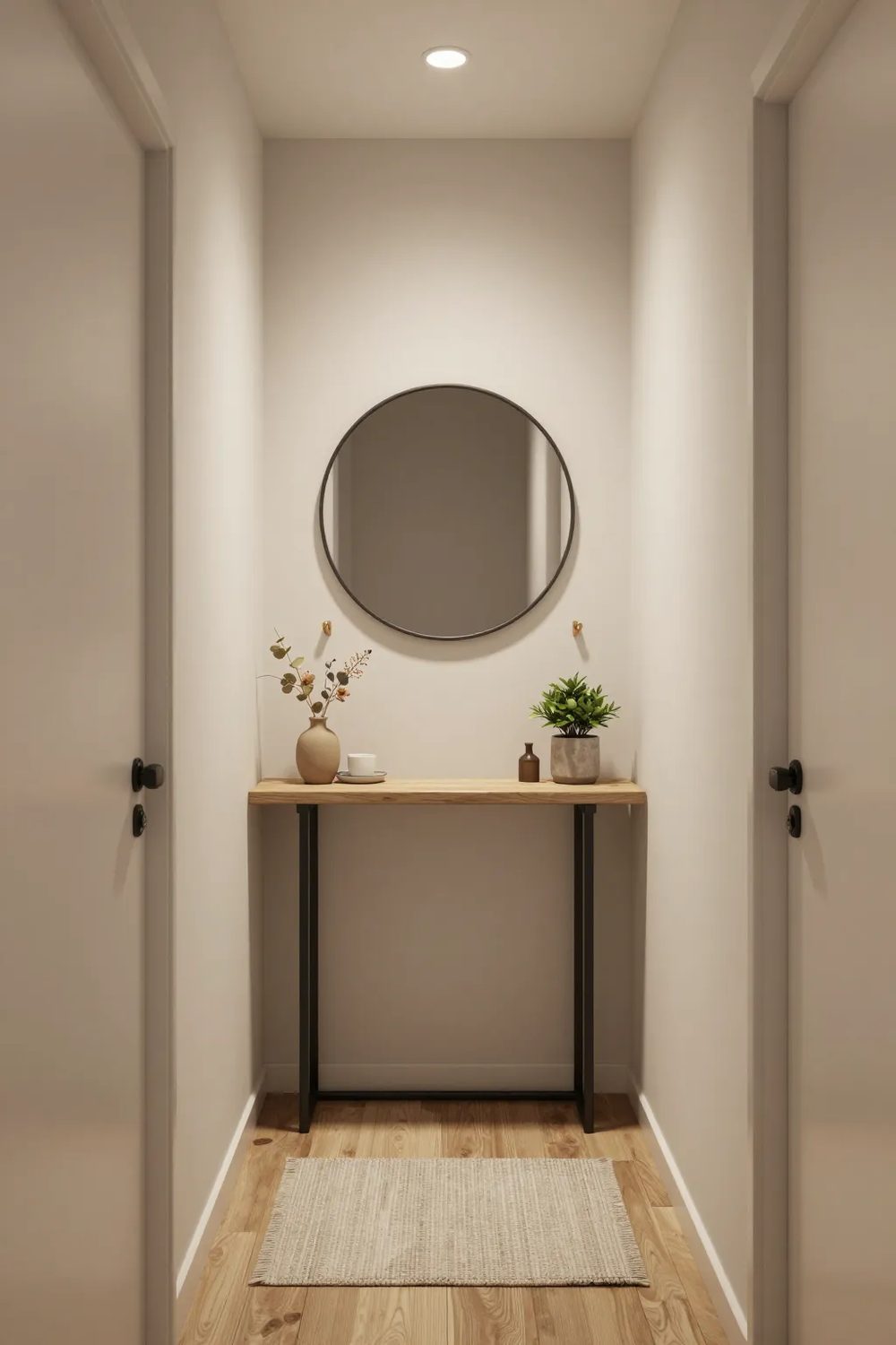 Narrow apartment entryway with a slim console table, round mirror, wall hooks and a small runner rug