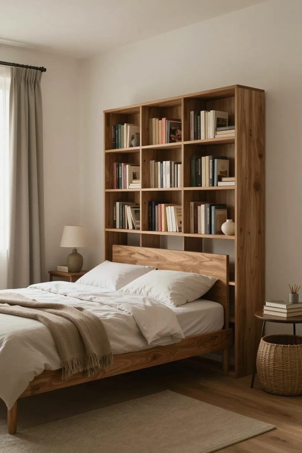 Studio apartment with an open bookshelf dividing the bed from the living area